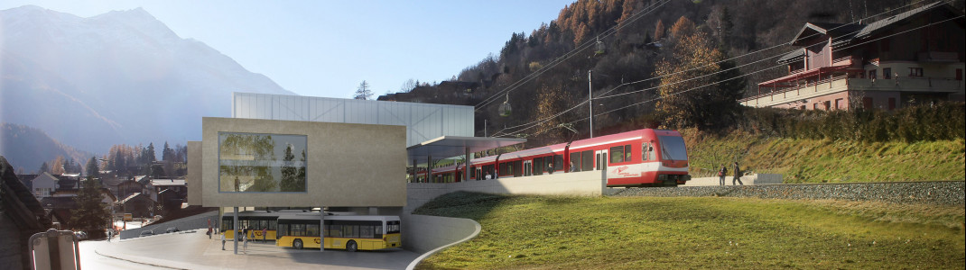 So soll der neue ÖV-Hub in Fiesch mit Bahnhof, Bus-Terminal und Talstation aussehen.