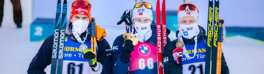 Die drei Besten im Einzel: Arnd Peiffer (2.), Sturla Laegreid (1.) und Johannes Dale (3.)