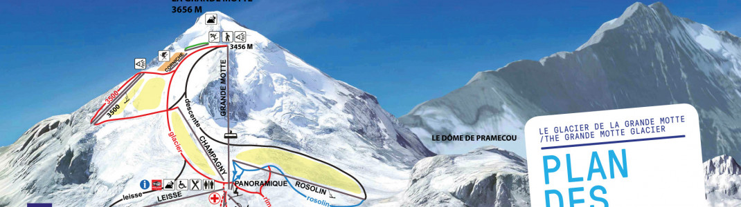 Blick auf die noch bis 5. August geöffneten Sommer-Skipisten am Grand Motte Gletscher in Tignes. (Klicke auf das Bild für die komplette Ansicht)