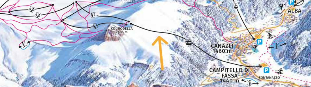 Direct connection to the ski area: The new tri-cable gondola runs from the valley town of Campitello up to the central entrance to the Sellaronda.