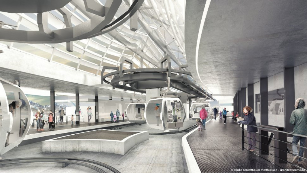 Innenansicht eines Stationsgebäudes der neuen Kabinenbahn Olang 1+2