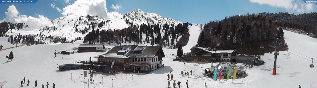 Rund 20 Zentimeter Neuschnee fallen in dieser Woche im Südtiroler Skigebiet Speikboden. Die Lifte sind noch bis Freitag, 21. April geöffnet.