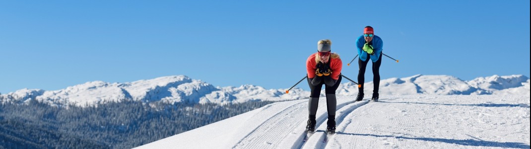 Die Langlauf-Tour Nordic Plus ist ein Highlight für passionierte Langläufer und bietet traumhafte Ausblicke, wie beispielsweise hier im Heutal.