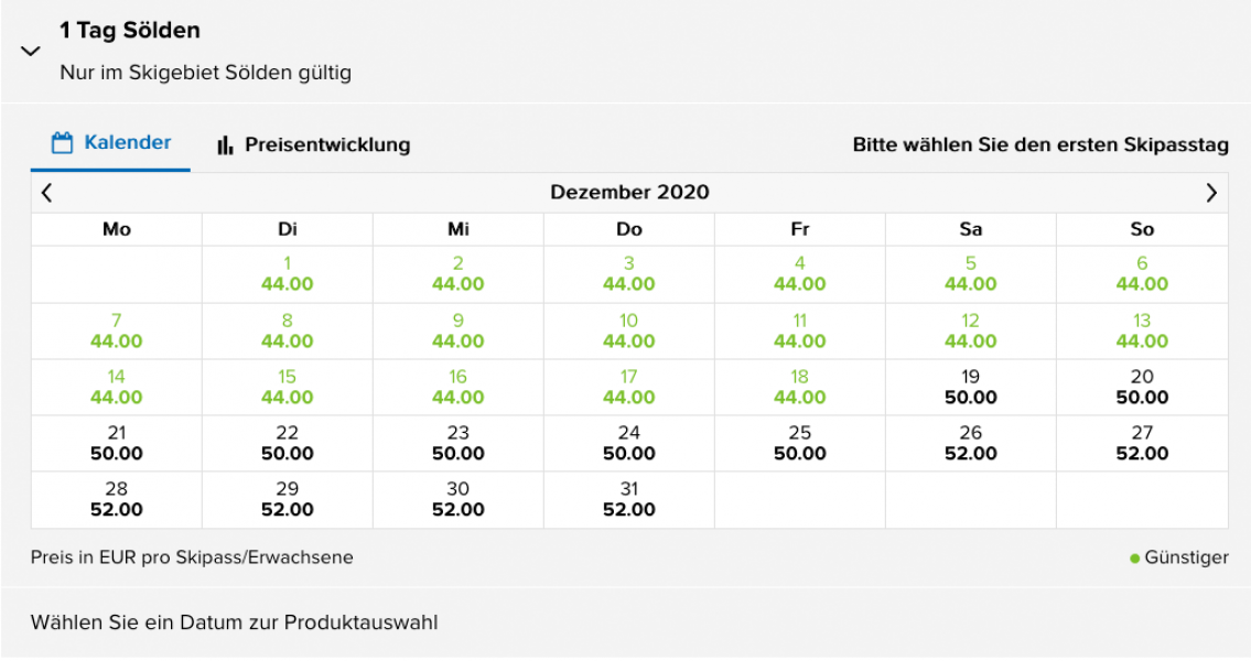 Im Online-Shop sind die Preise für die einzelnen Tage übersichtlich aufgelistet.