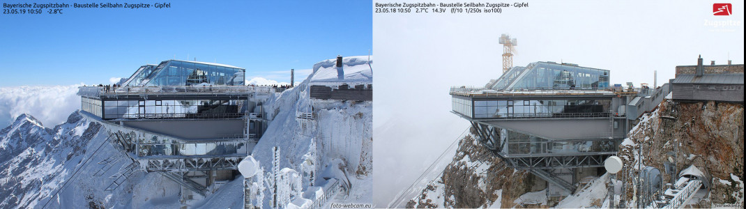 Wie tief winterlich es aktuell noch auf der Zugspitze aussieht, zeigt sich besonders gut im Vorjahresvergleich (links 23. Mai 2019, rechts 23. Mai 2018).