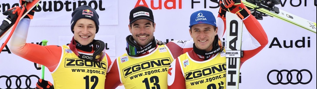 Strahlendes Podium: Vincent Kriechmayr (Mitte) gewinnt vor Marco Odermatt (l.) und Matthias Mayer.