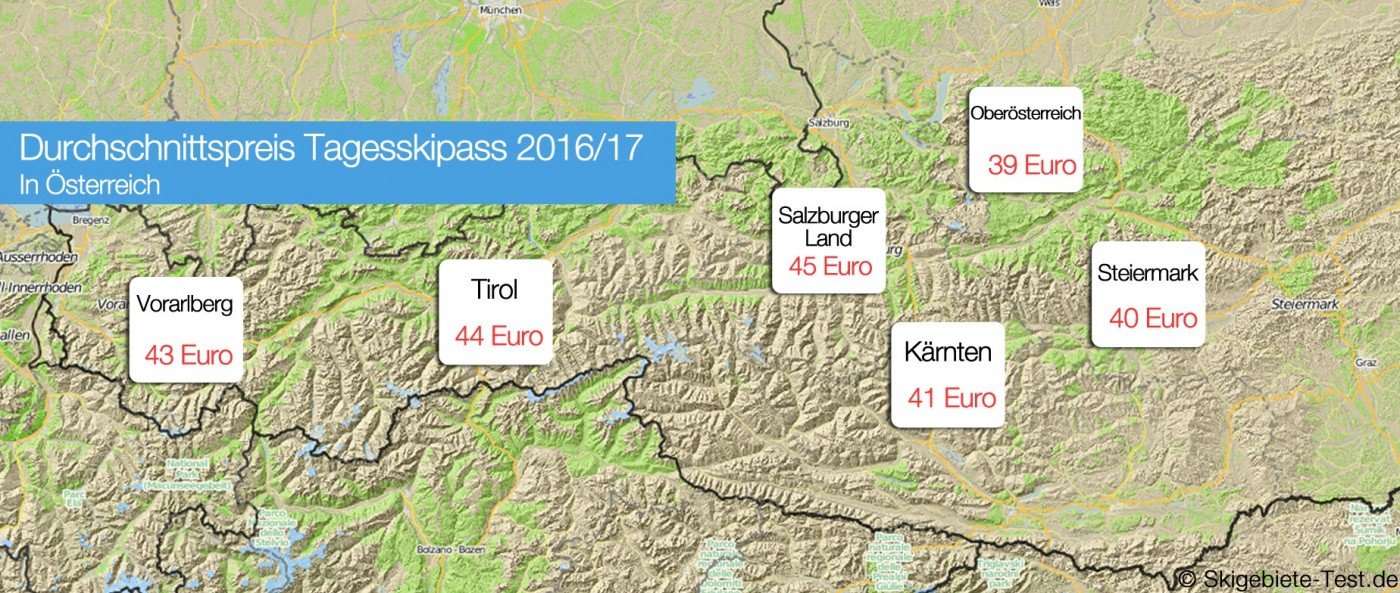 45 Euro muss ein Erwachsener im Schnitt in Österreich für eine Tageskarte ausgeben. Wie sich dies auf die Bundesländer verteilt, ist in der Grafik zu sehen.