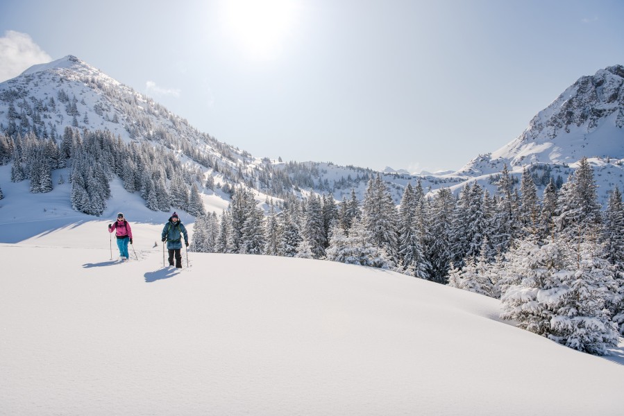 Beim Schneeschuhwandern entdeckst du unberührte Pfade durch die verschneite Winterlandschaft.