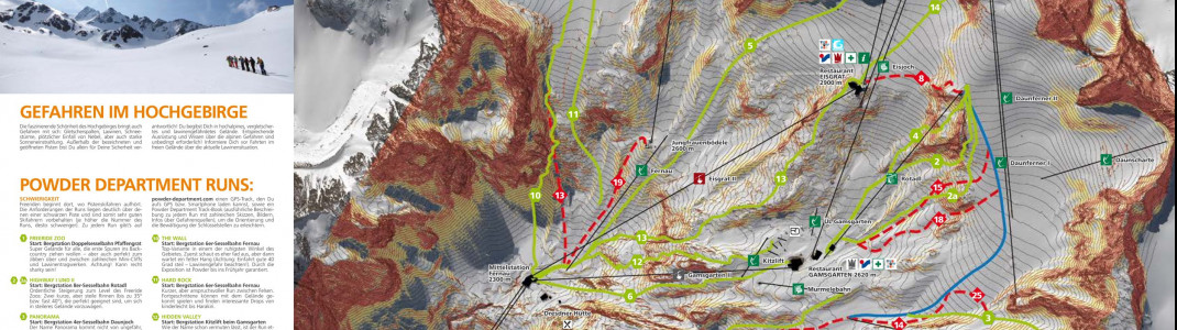Auf der Freeride Map sind die 13 Freeride Runs am Stubaier Gletscher eingezeichnet