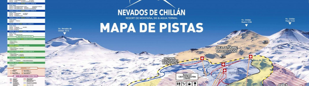 An den Hängen von drei Vulkanen liegt das Skigebiet Nevados de Chillàn. (Zur vollständigen Ansicht auf den Pistenplan klicken.)