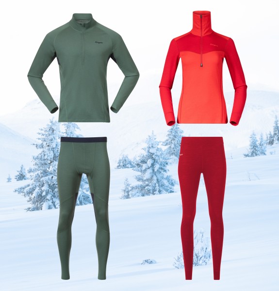 Die Bergans Baselayer der Inner Kollektion sind sowohl für Damen als auch Herren in verschiedenen Farbkombinationen erhältlich (links: Inner:Pure, rechts: Inner:Dual).