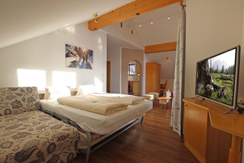 Wohnzimmer mit Ecksofa und 42 Zoll Fernseher