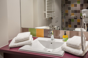 Badezimmer mit Dusche, WC, Ablageflächen und Föhn