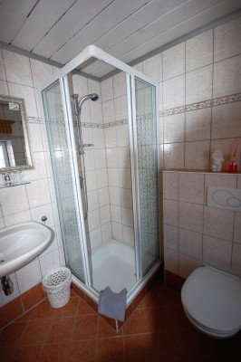 Das Badezimmer im 1. Stock mit Dusche, WC und Waschbecken