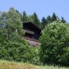 Haus im Sommer, von unten gesehen