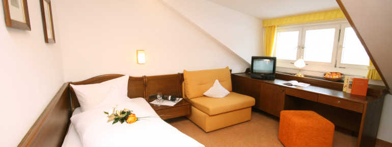 Einzelzimmer 15 qm, Mansarde, Sitzdusche,ohne Balkon, W-Lan, Sat-Tv, Bergblick,