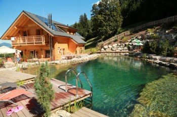 Schwimmteich und Rezeptionshütte