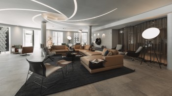 Die Lobby mit mehreren Sitzmöglichkeiten.
