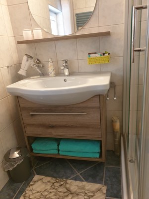 Badezimmer Aussenfenster, Föhn, Seife, Fussbodenheizung neue Glasdusche