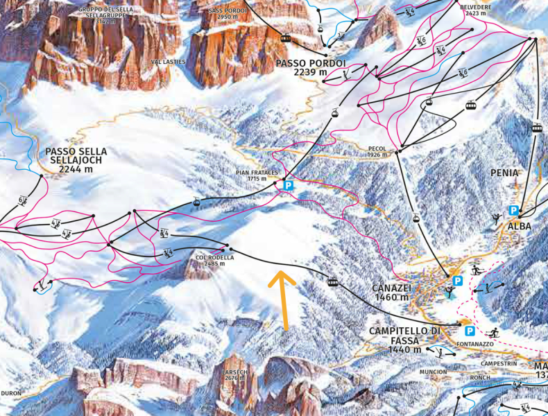 The new 3S gondola runs from the valley town of Campitello up to the central entrance to the Sellaronda.