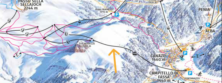 The new 3S gondola runs from the valley town of Campitello up to the central entrance to the Sellaronda.
