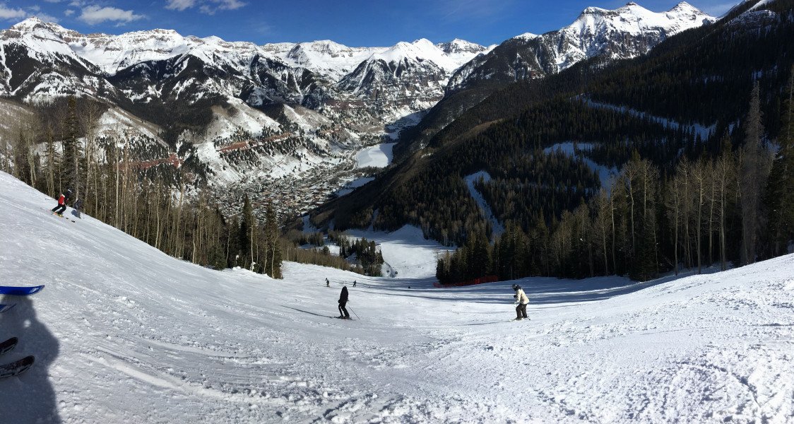 View from San Sophia Outlook towards the black diamond trail Milk Run. Both Free Gondola and Coonskin Lift can be spotted in the background.
