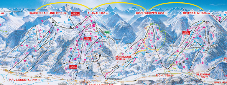 Pistenplan 4 Berge Skischaukel (Planai/Hochwurzen/Hauser Kaibling/Reiteralm)
