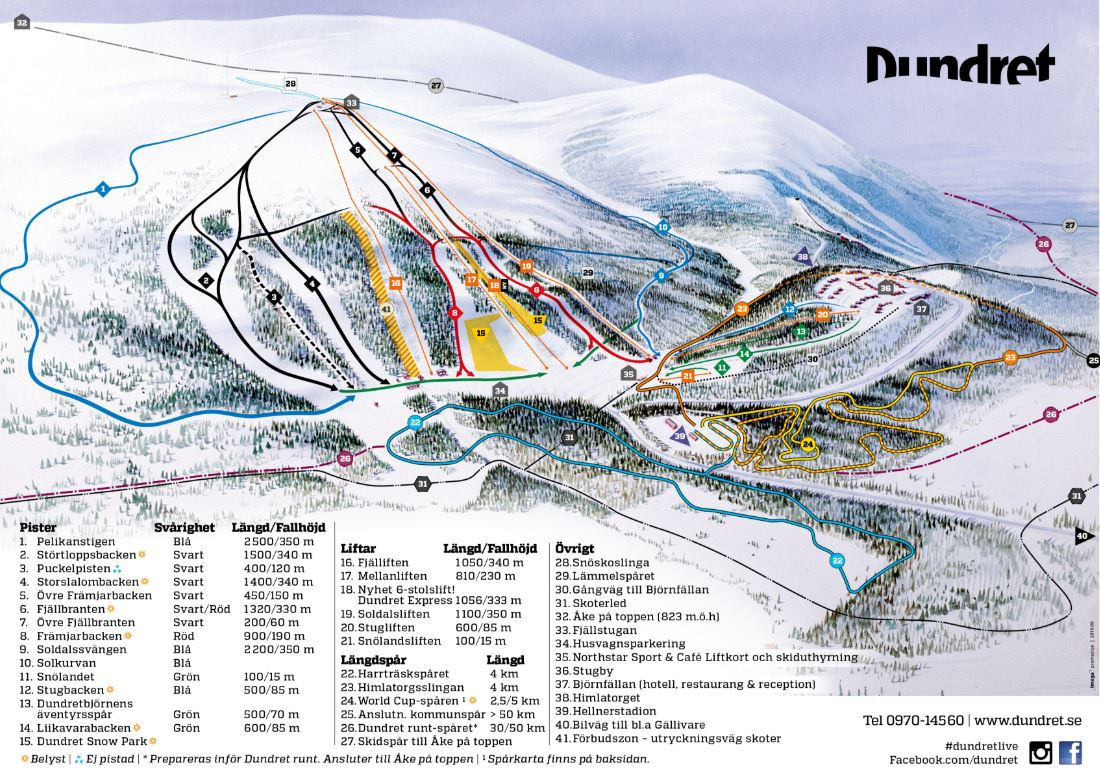 Pistenplan vom Skigebiet Dundret im Norden Schwedens.