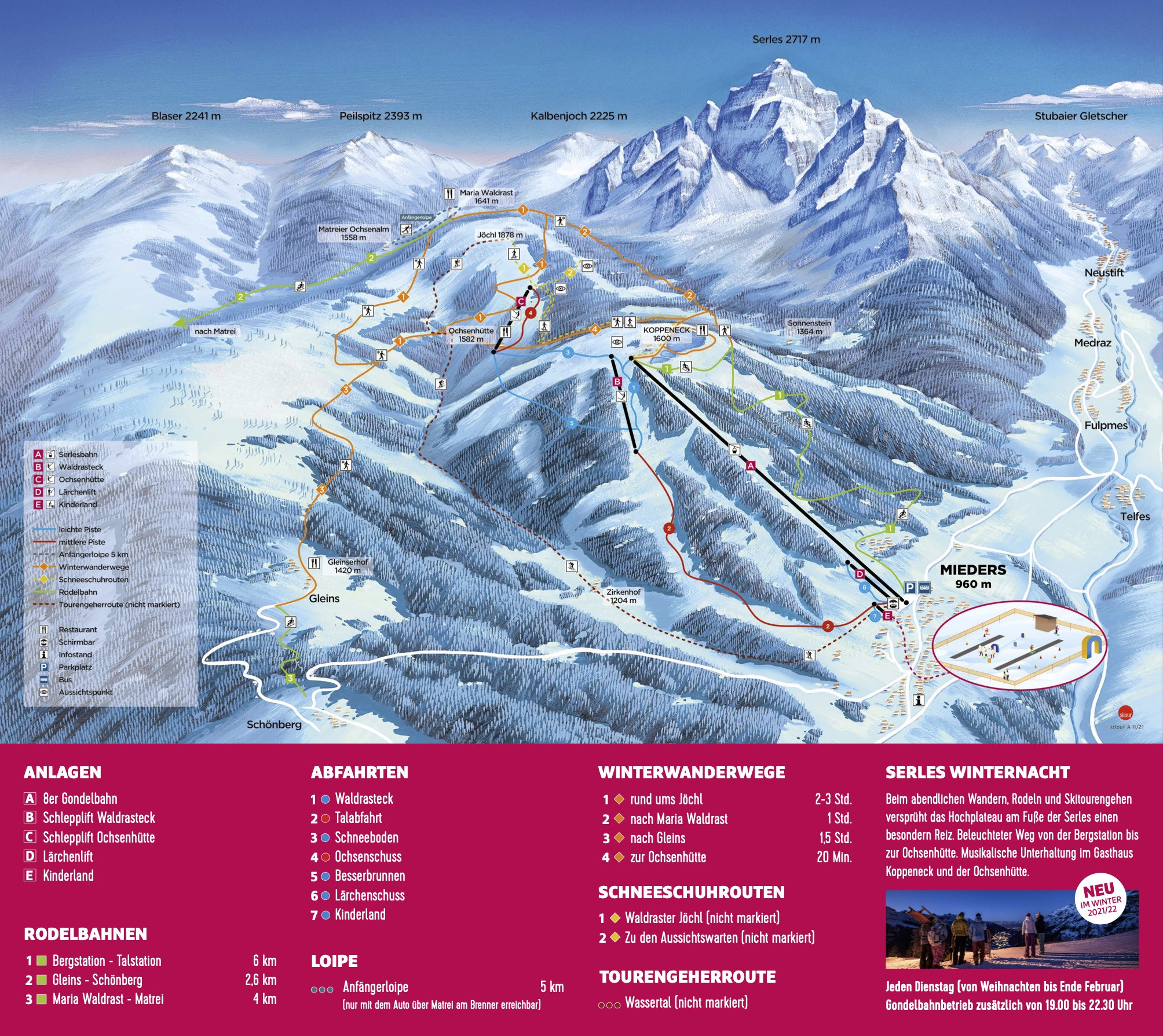 Der Pistenplan des Skigebiets Serlesbahnen in Mieders.