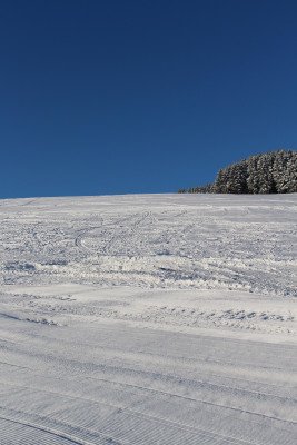 Vom Ankerlift geht es die blau markierte Piste Nummer 1 hinab ins Tal.