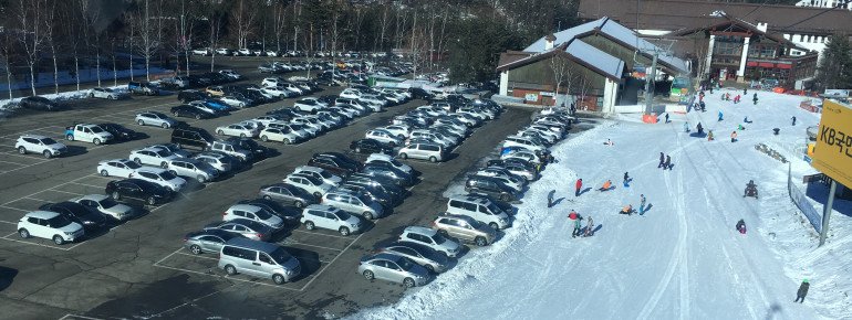 Der Parkplatz liegt direkt an den Pisten.