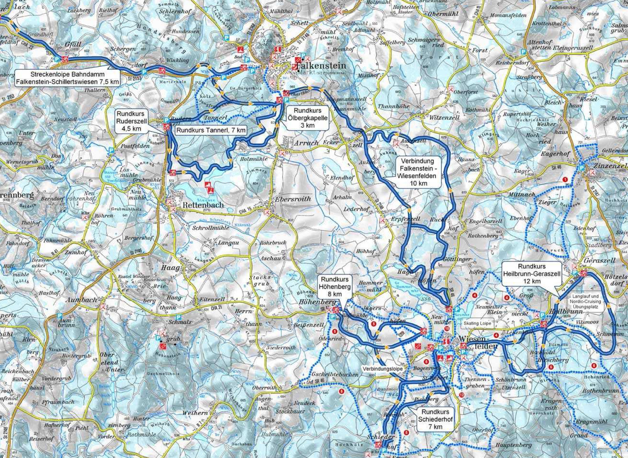 Loipenplan der benachbarten Gemeinden Falkenstein, Rettenbach und Wiesenfelden
