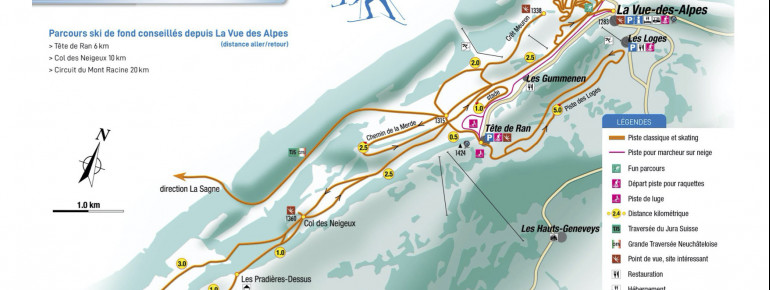Loipenplan La Vue des Alpes - Tête de Ran