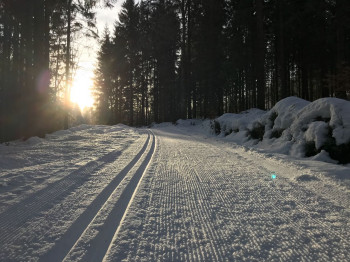 Unterwegs im Sonnenaufgang auf der Loipe Richtung Hintersteinhütte.
